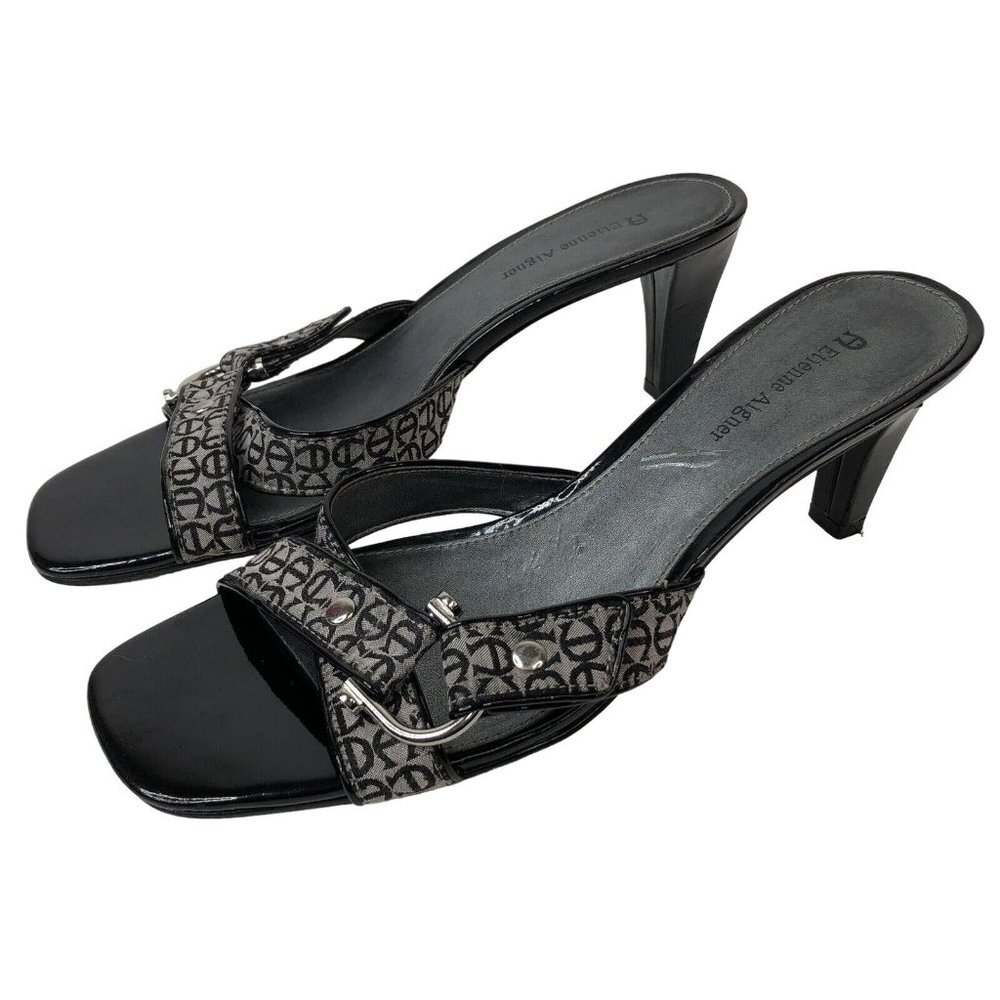 Etienne Aigner Women Slide Ons Size 9M Open Toe Heels Gray Black W/Logo